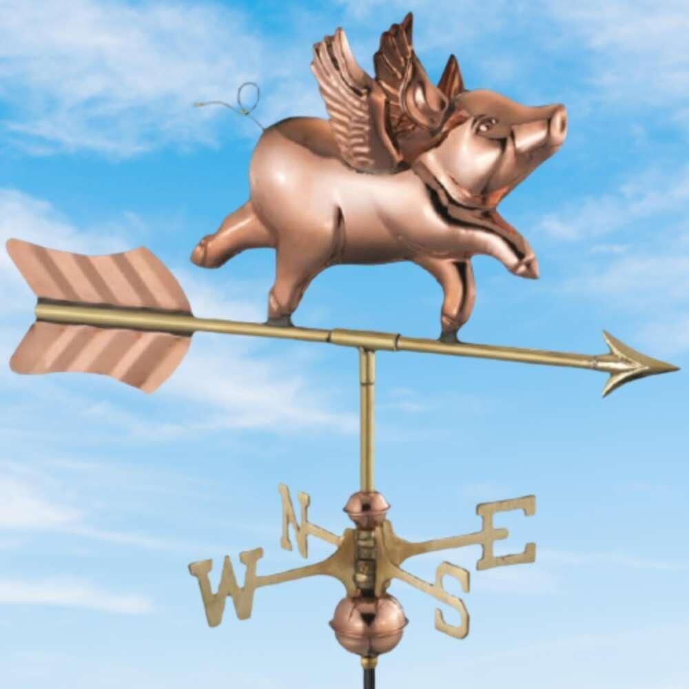 Flying pig weathervane installed on a ridge tile finial fitting with multiple angle options