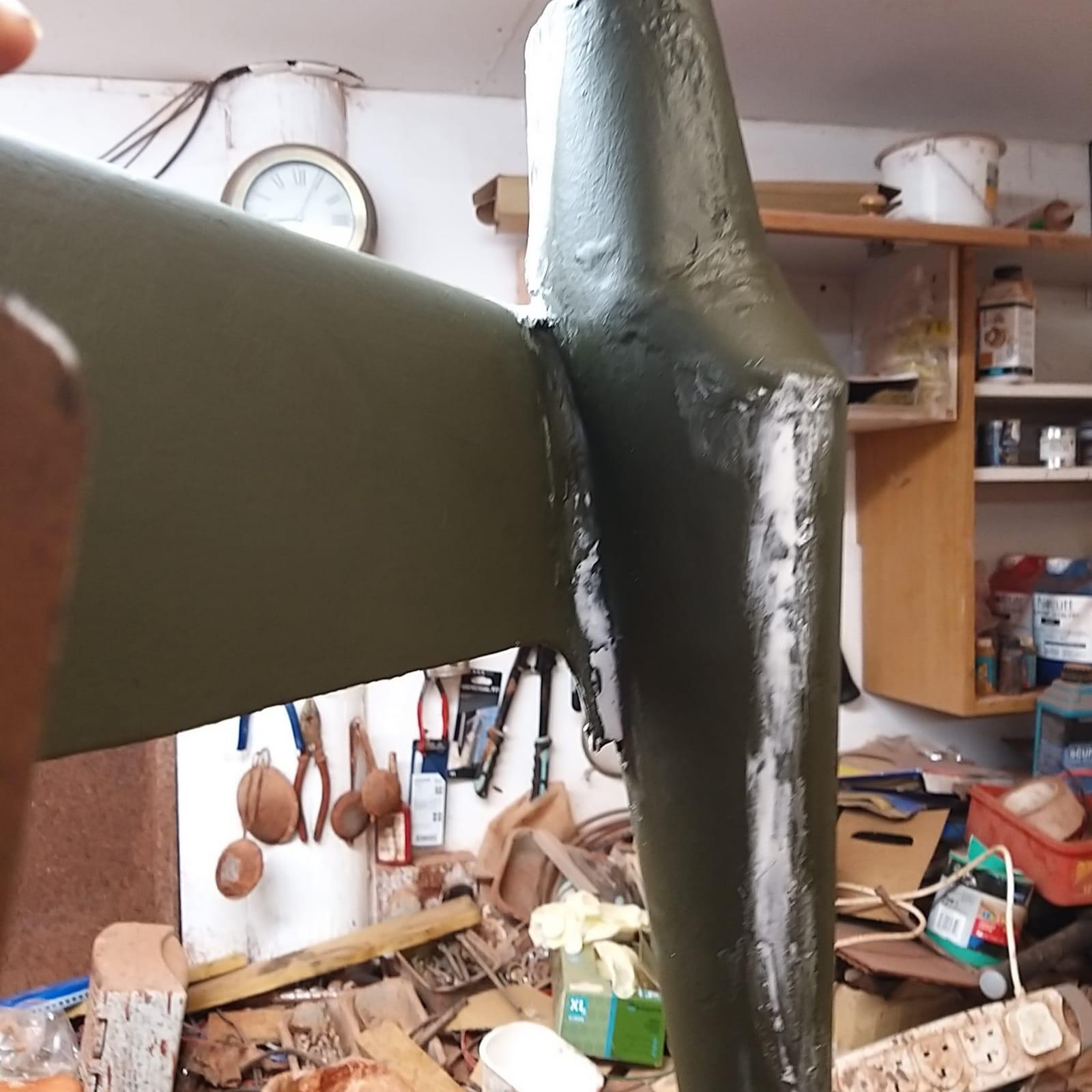 Spitfire weathervane cockpit section showing rough surface condition requiring filling and repair