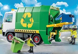 Recycling Truck with bin men and rubbish bins