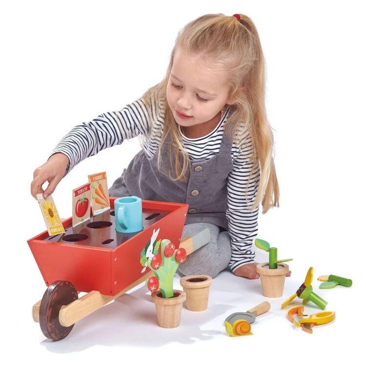 New Wooden Toy Wheelbarrow Set with Removeable Plants, Tools and more #2