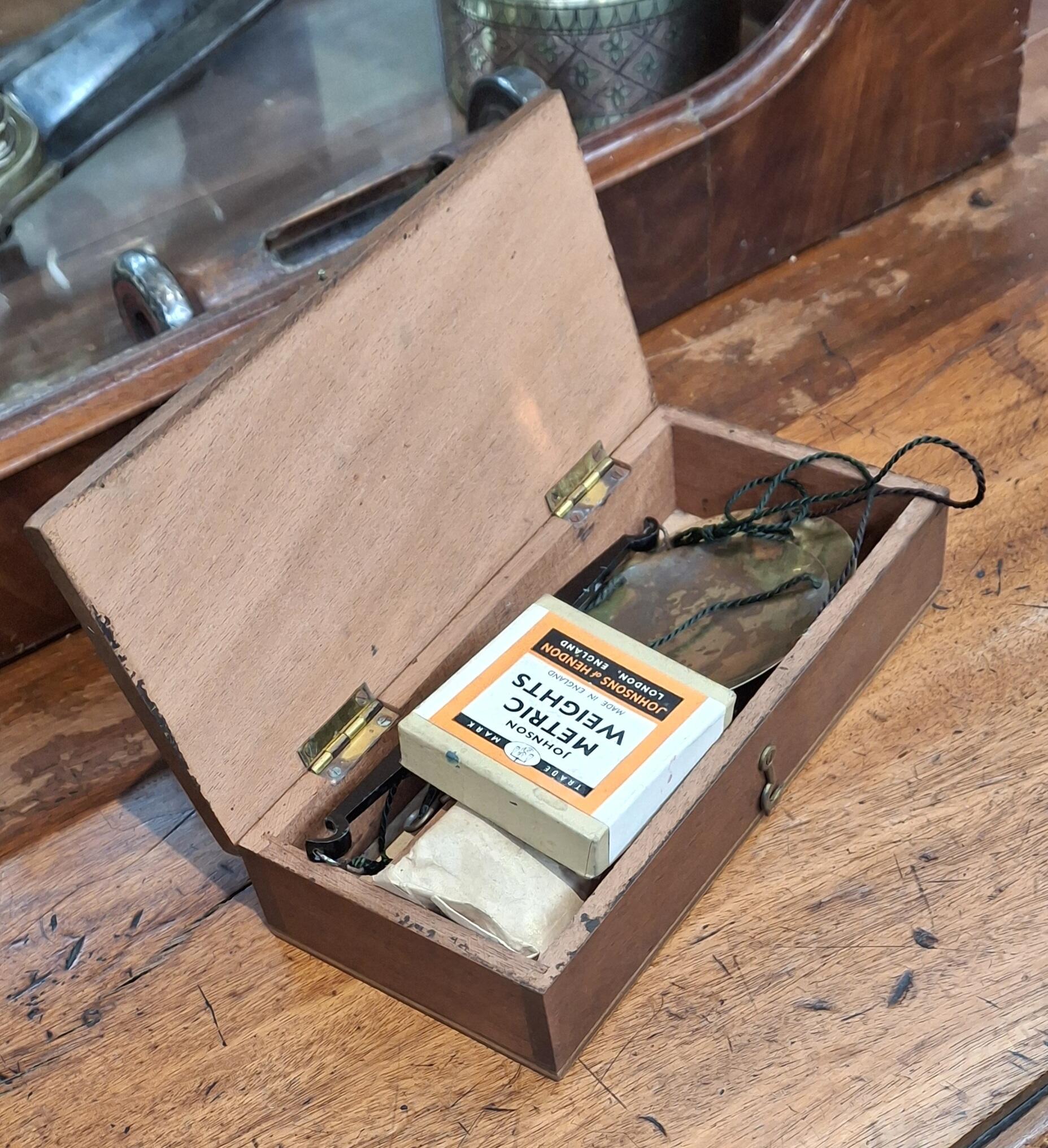 Vintage Miniature Scales with Weights in Wooden Box