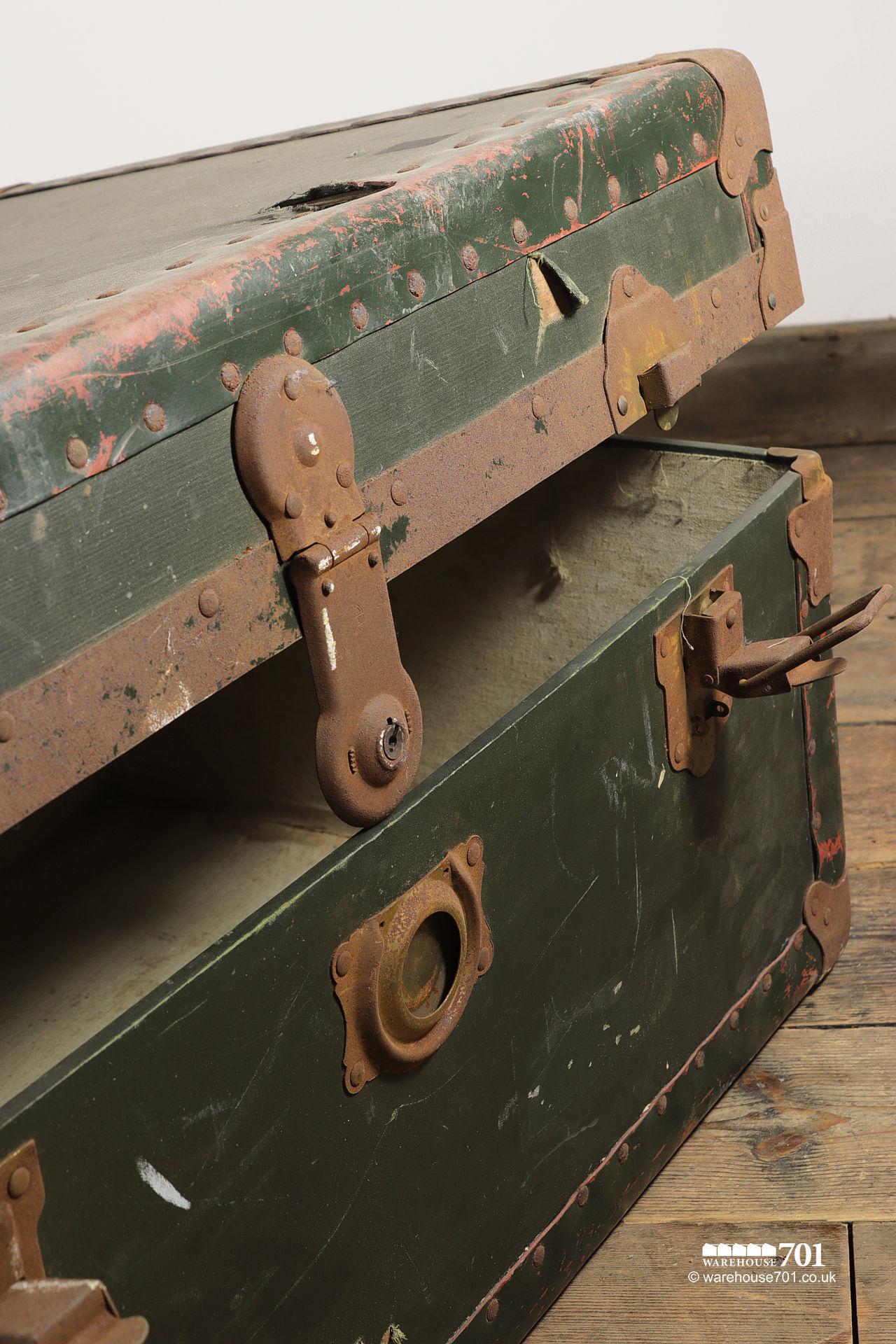Old Green Metal Strap Traveling Case or Steamer Trunk #3