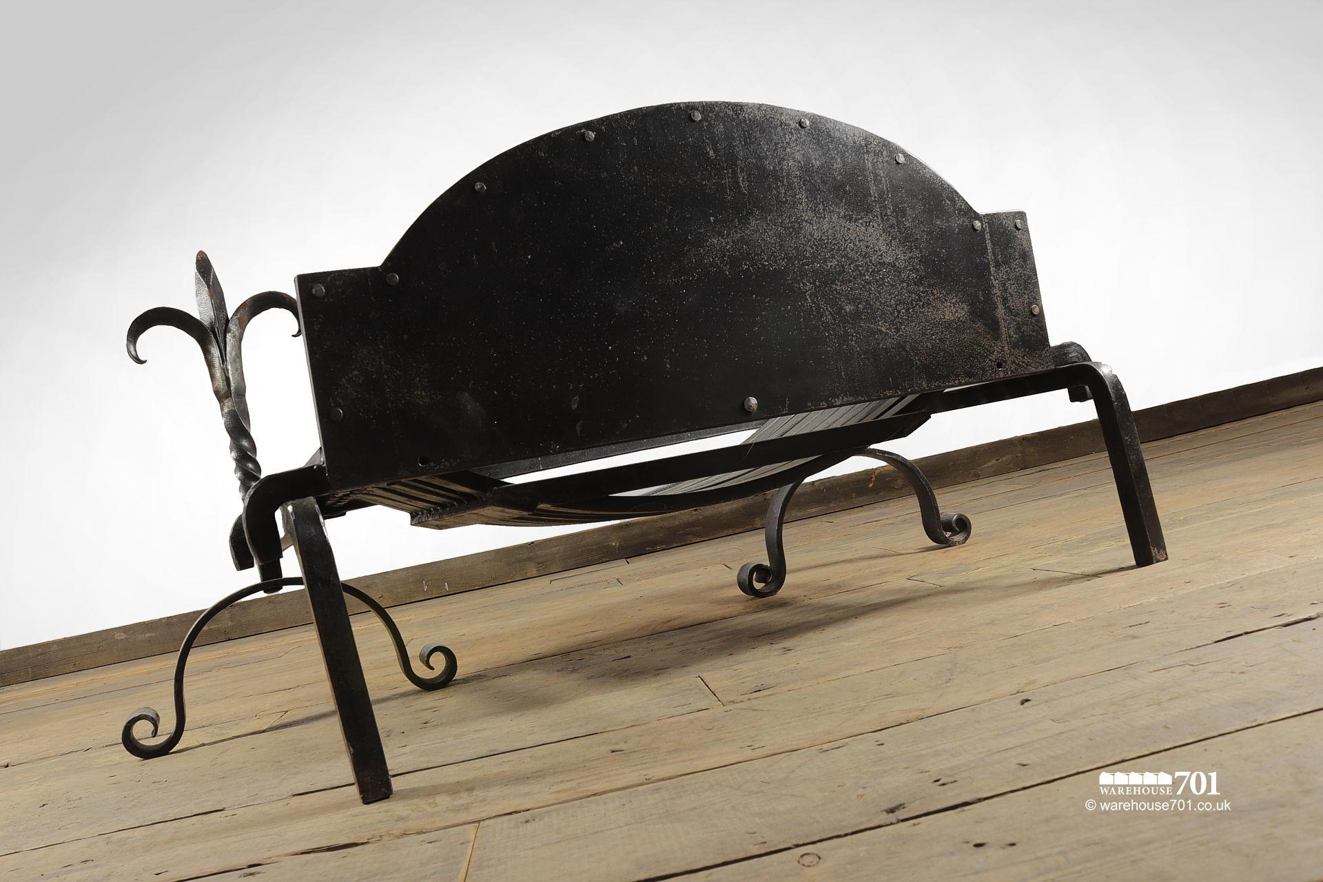 Large Salvaged Riveted Iron Fire Basket with Fleur de Lys Andirons #7