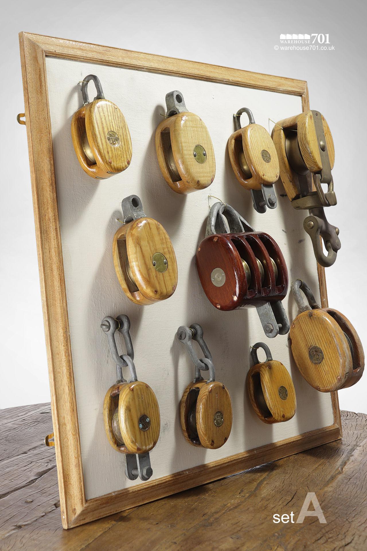 Fabulous Collection of 31 Vintage Nautical or Marine Pulleys on Display Boards #3