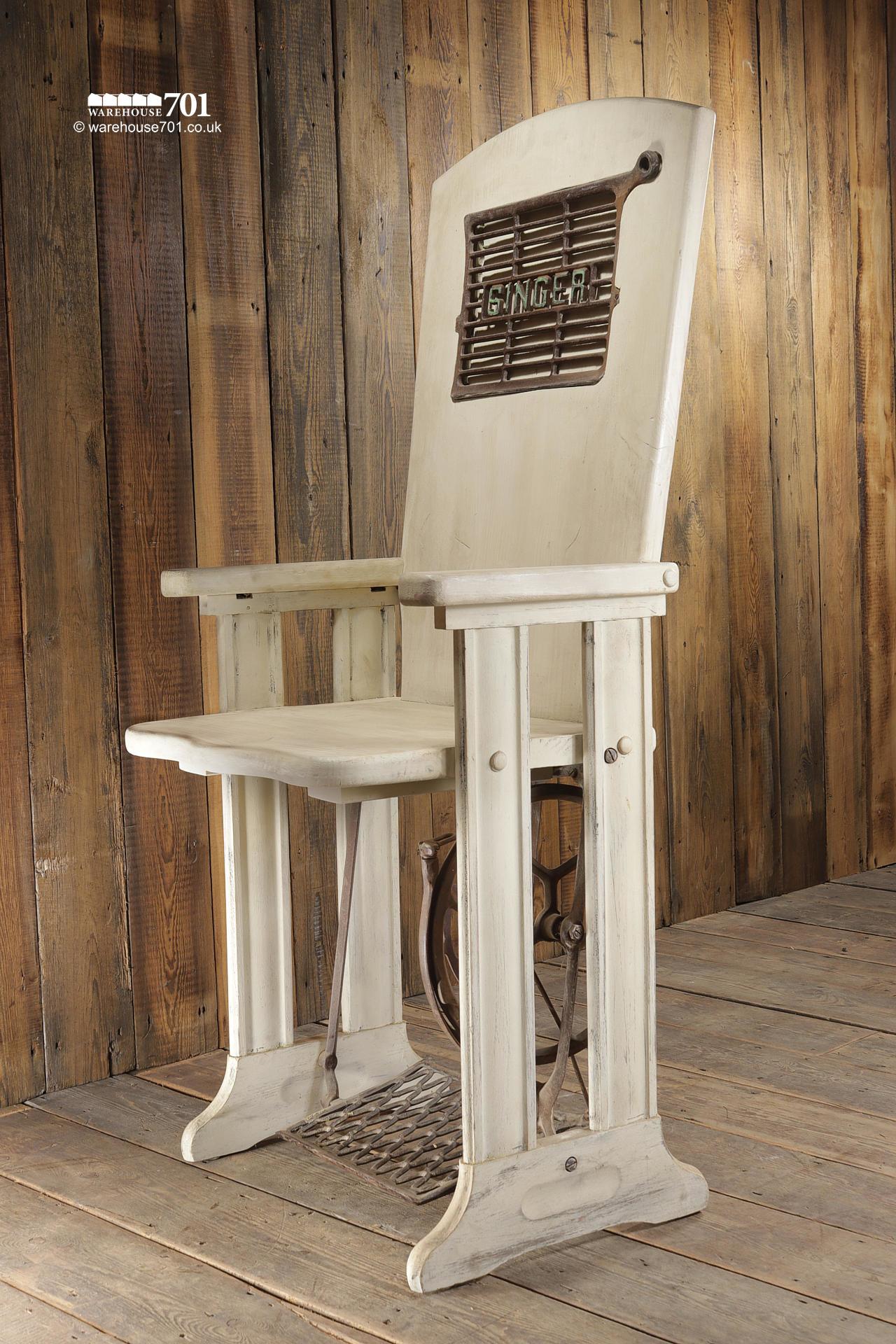 701 Original Cream Painted Singer Sewing Machine Treadle Chair #2