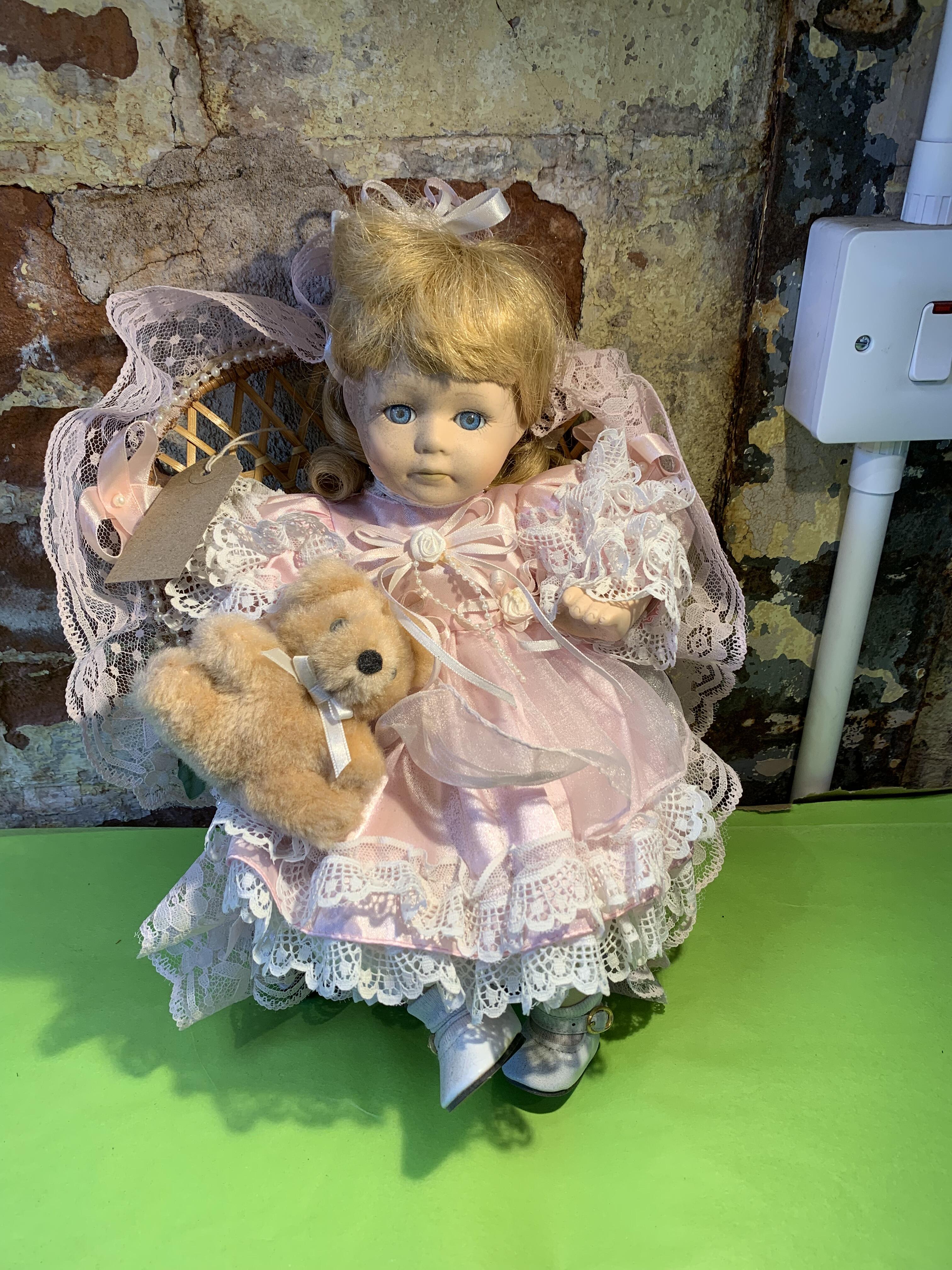 Charming Porcelain Doll with Teddy - The Leonardo Collection