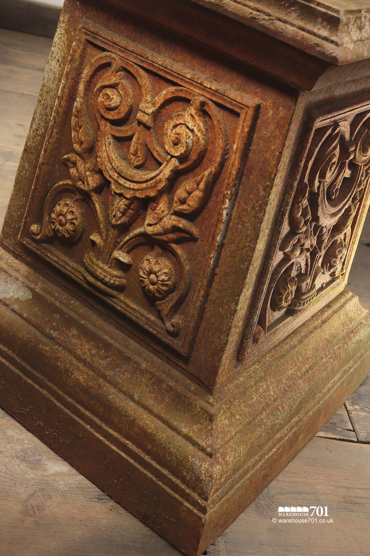 Pair of Aged Cast Iron Urns on Plinths #4