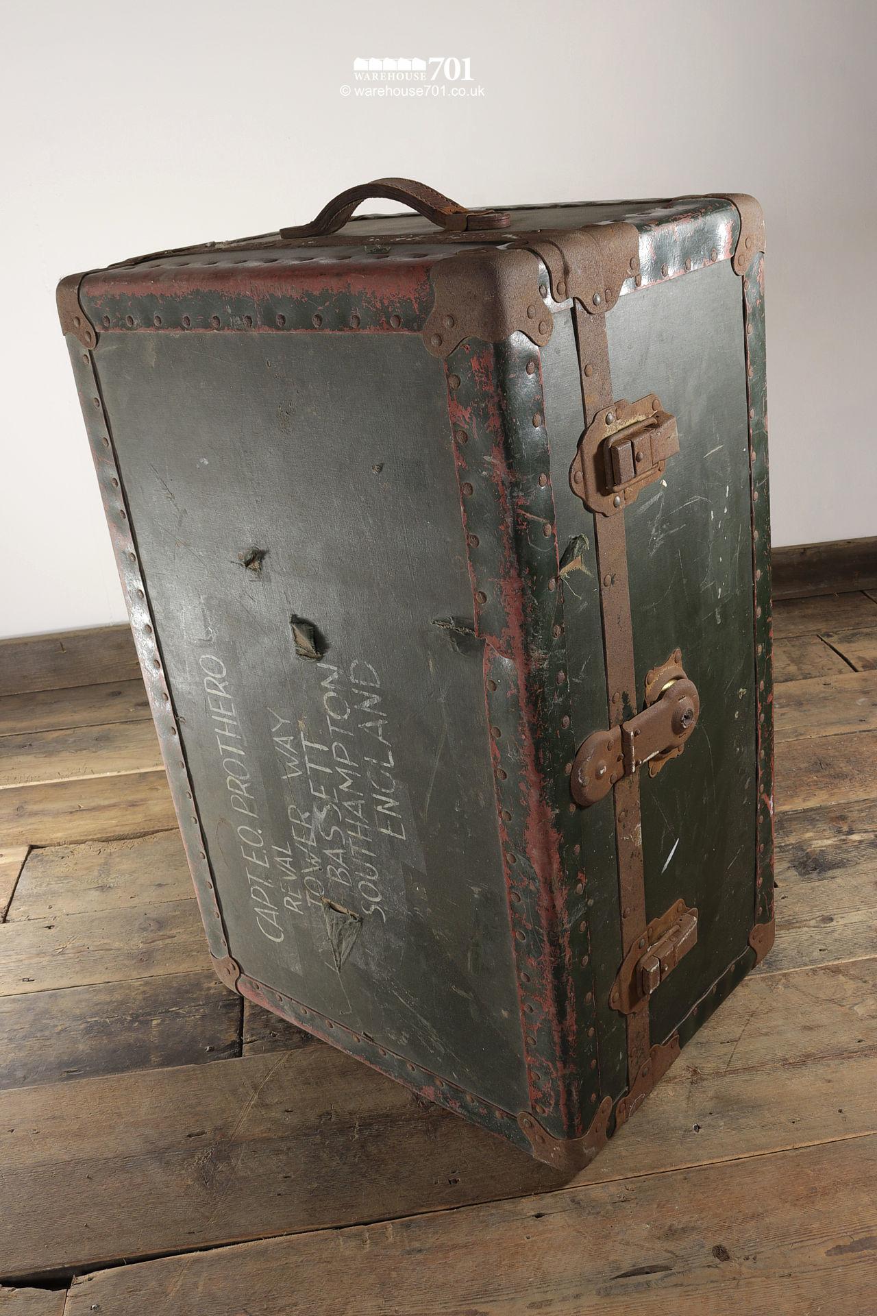 Old Green Metal Strap Traveling Case or Steamer Trunk #4