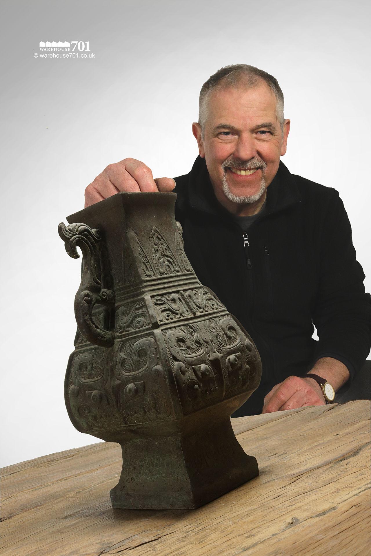 A Wonderful Stylised Aztec Bronze Vase with Serpent Handles #2