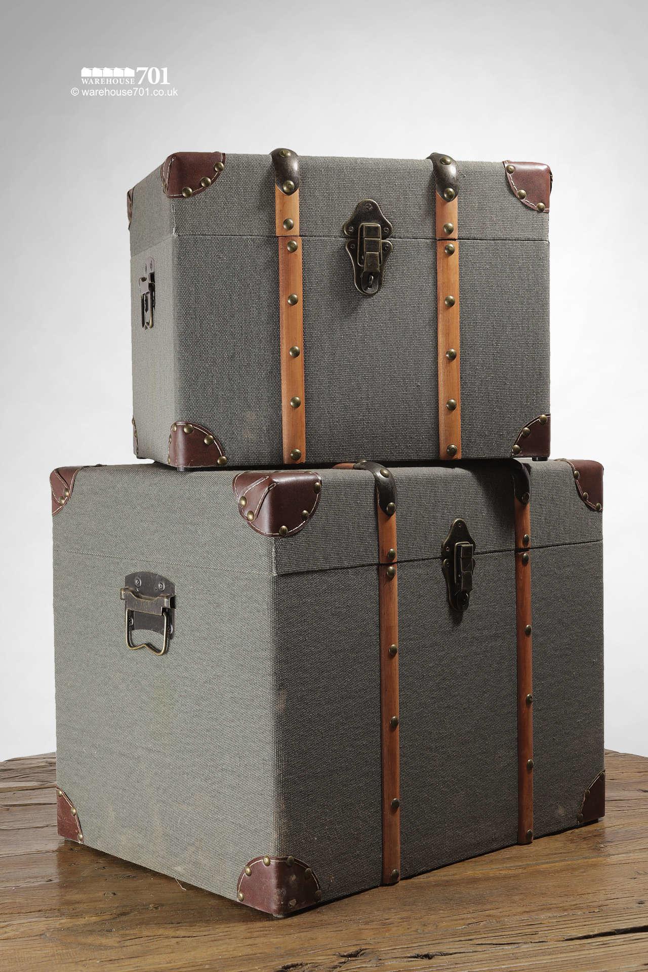 NEW Khaki Fabric Covered Storage Trunks with Leather and Wood Detailing #2