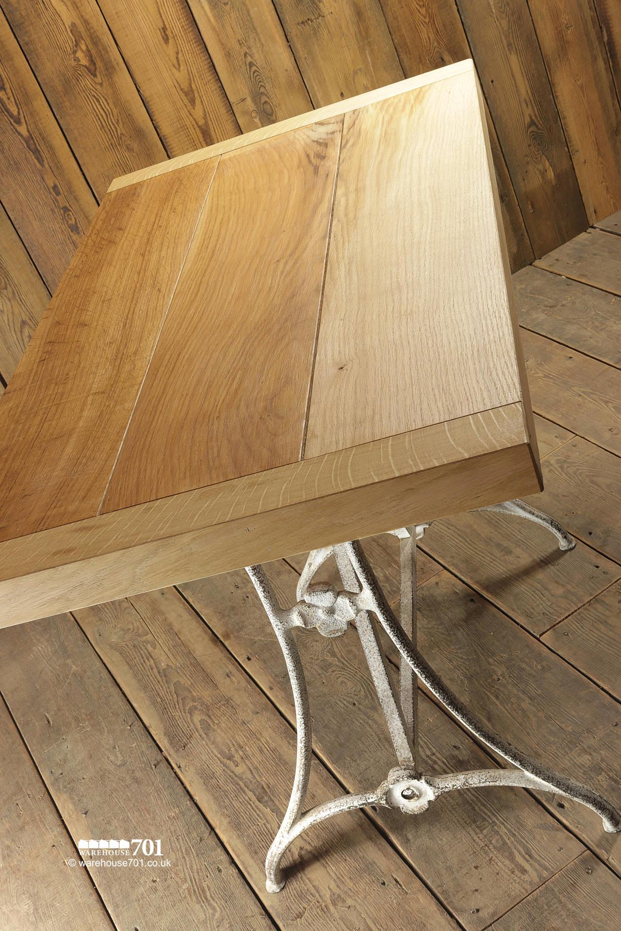 W701 Original Oak Plank Top Table On White Frame Metal Base