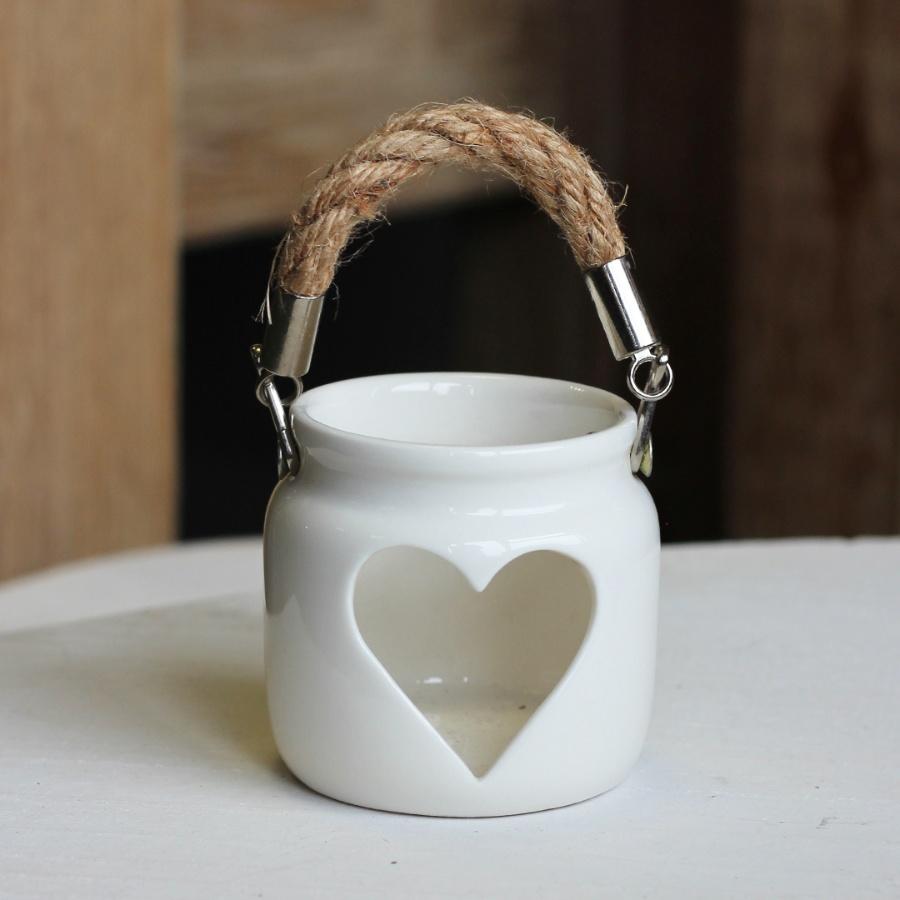 White Ceramic Heart Lantern With Rope Handle