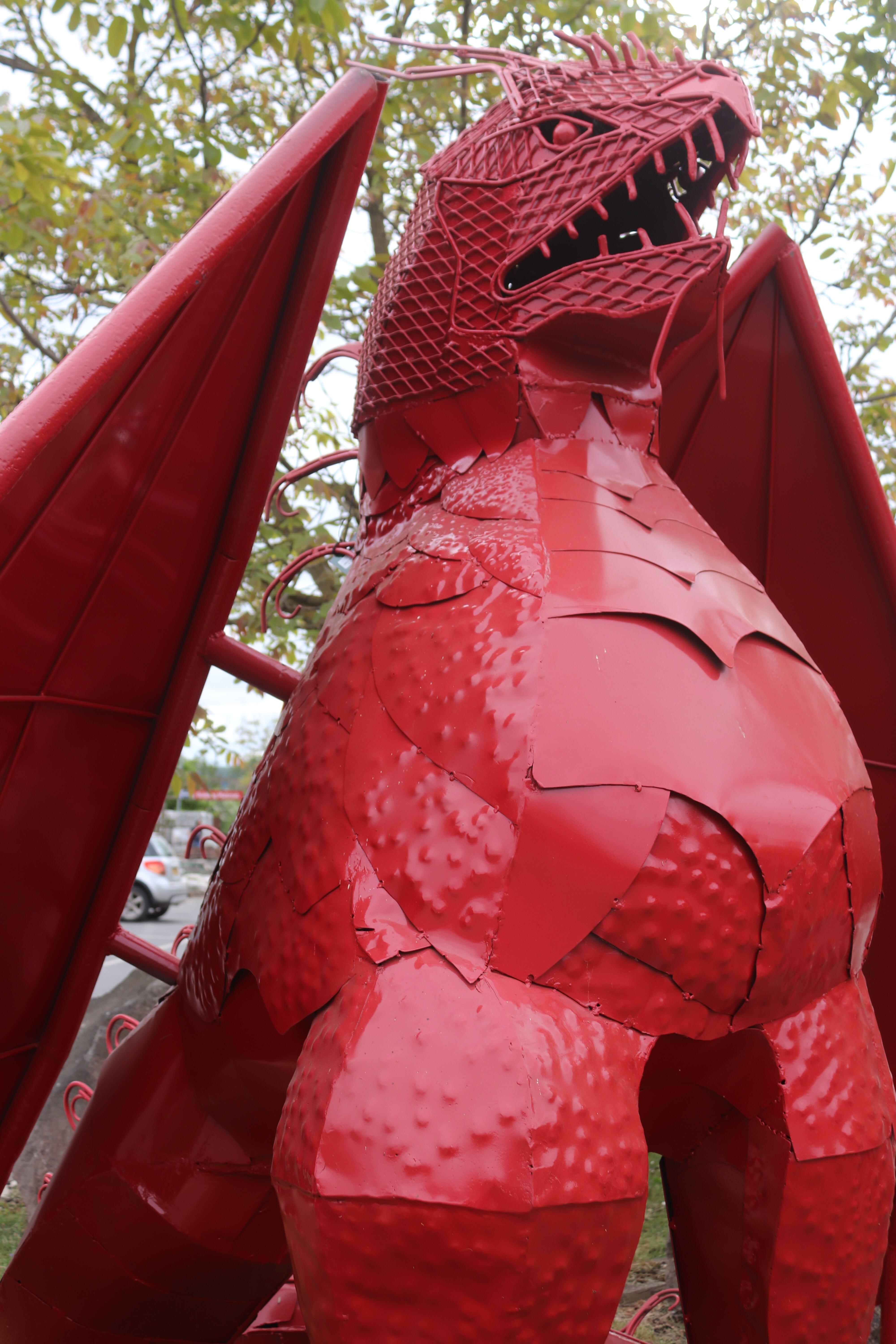 Large Red Metal Dragon / Wyvern Sculpture – Steel Garden / Interior 2m tall