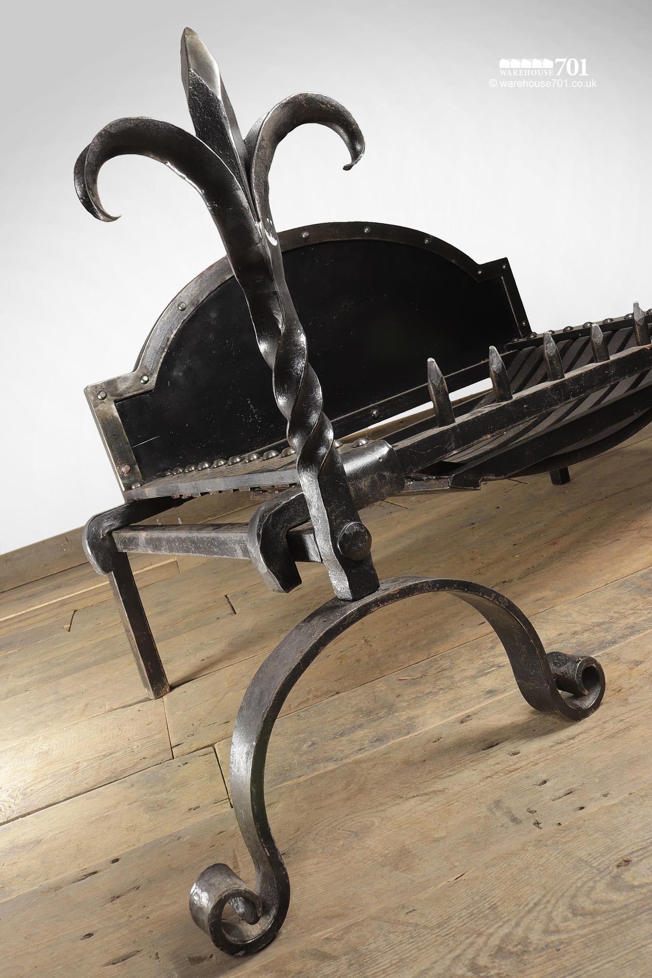 Large Salvaged Riveted Iron Fire Basket with Fleur de Lys Andirons #1