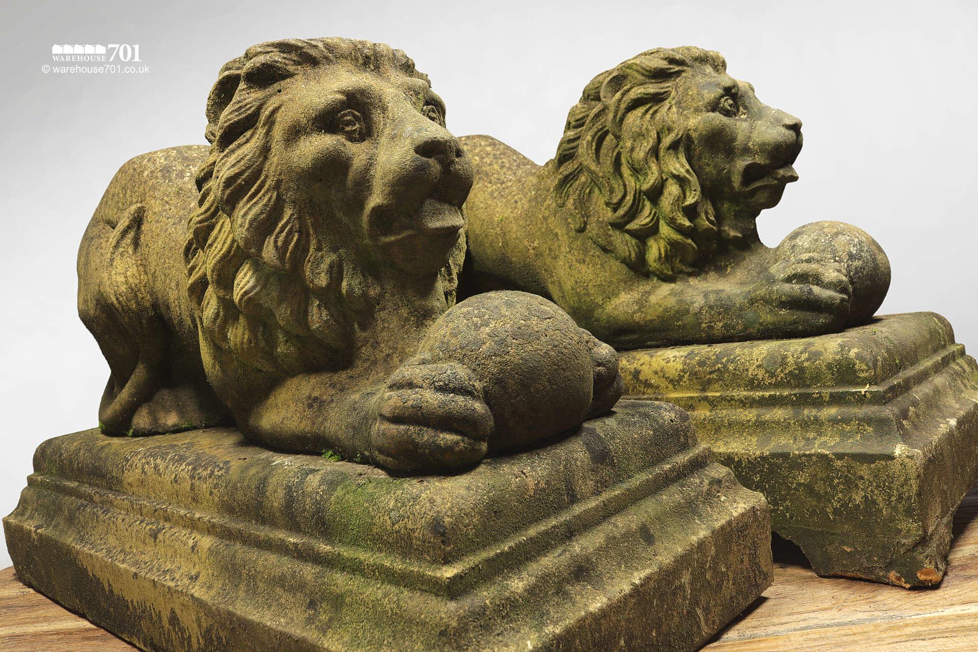 Pair of Vintage Composite Stone Lion Garden Statues with Plinths