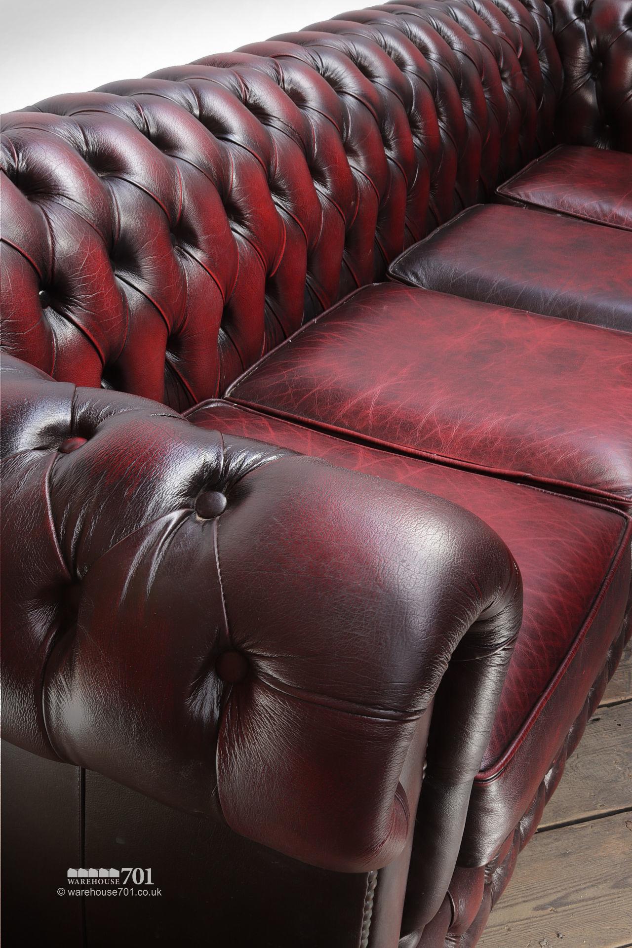 Reclaimed Four Seater Burgundy Leather Chesterfield Sofa