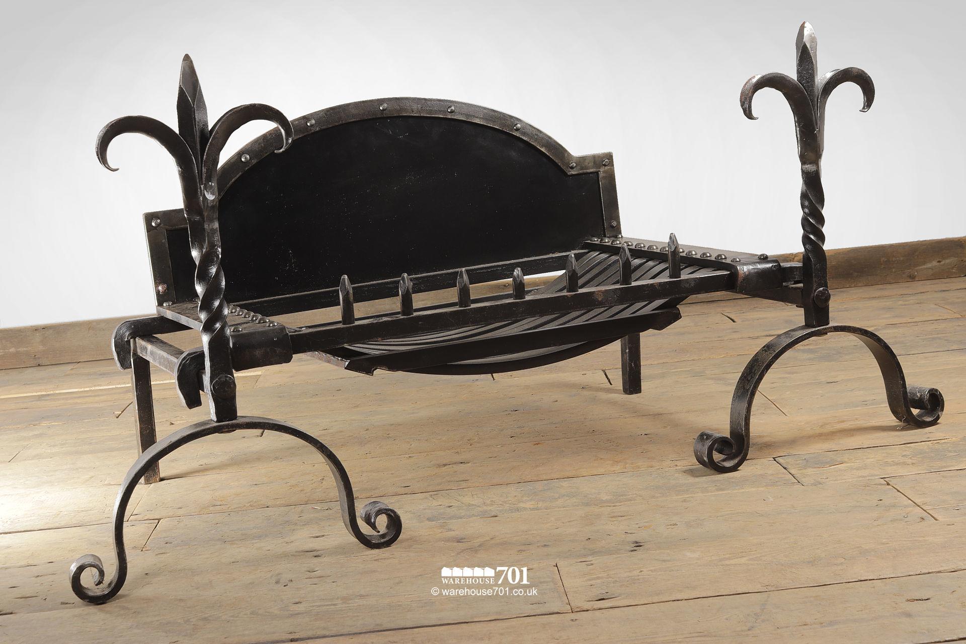 Large Salvaged Riveted Iron Fire Basket with Fleur de Lys Andirons #2