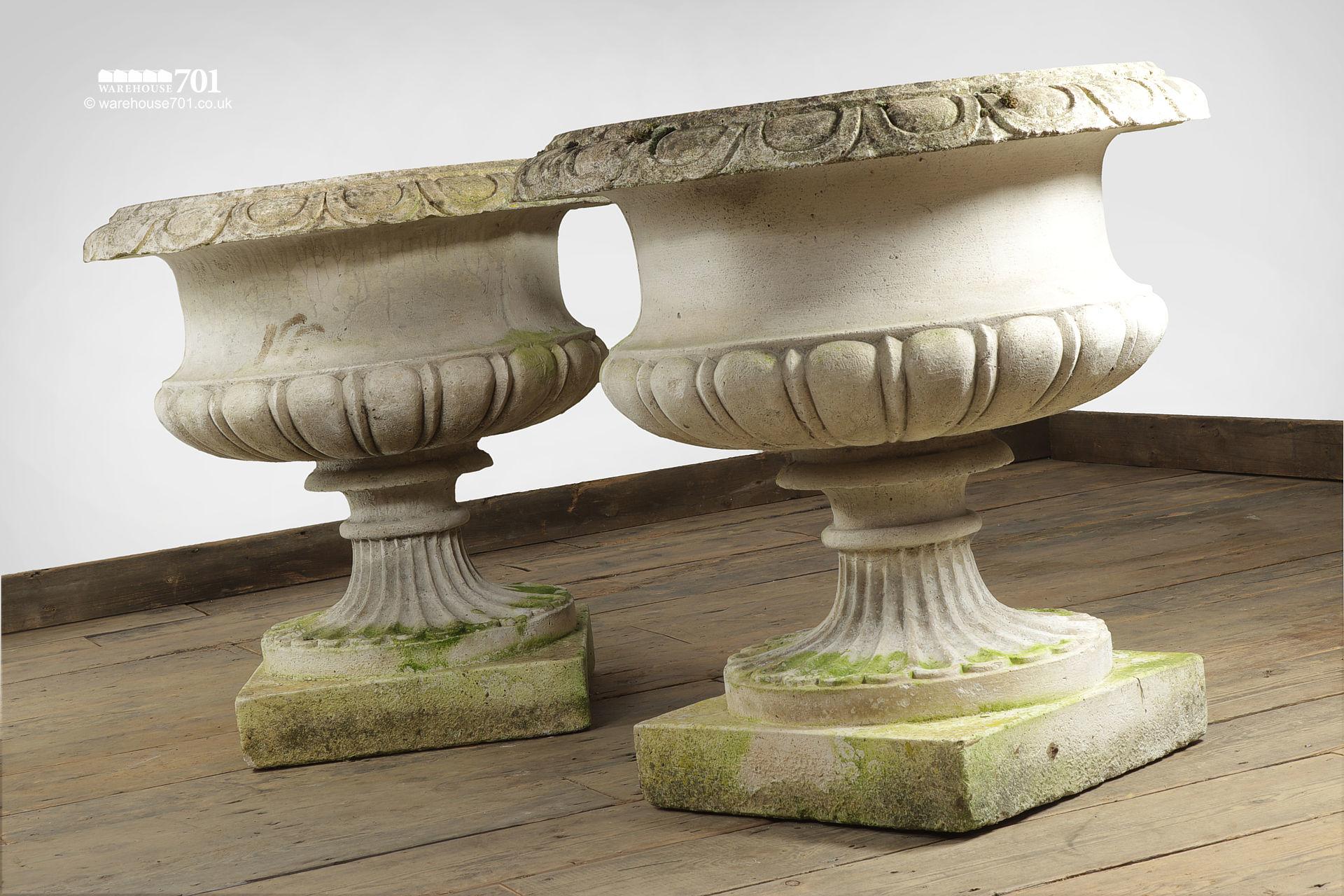 Pair of Large Composite Stone Gadrooned and Fluted Urns #2