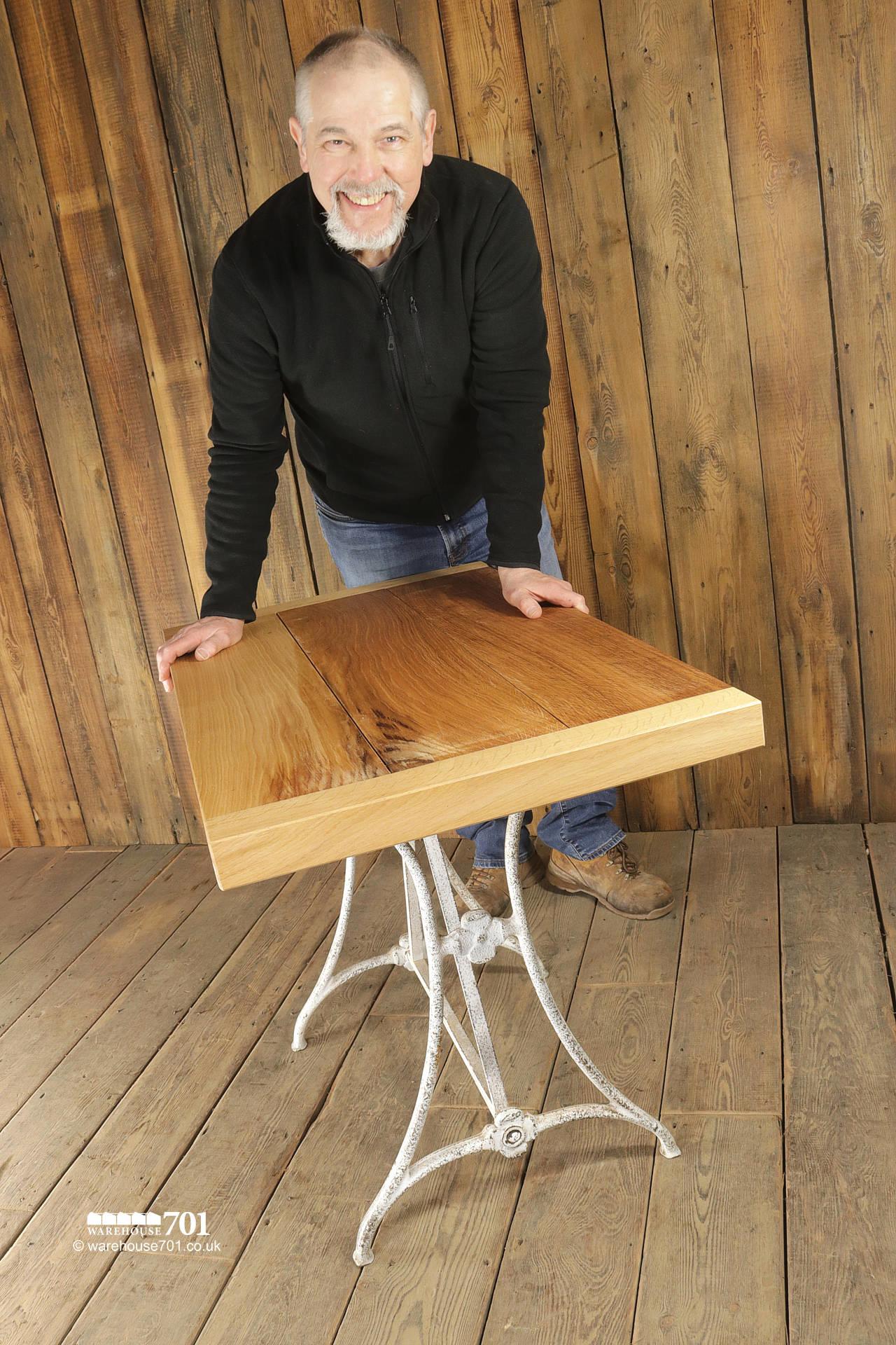 W701 Original Oak Plank Top Table On White Frame Metal Base