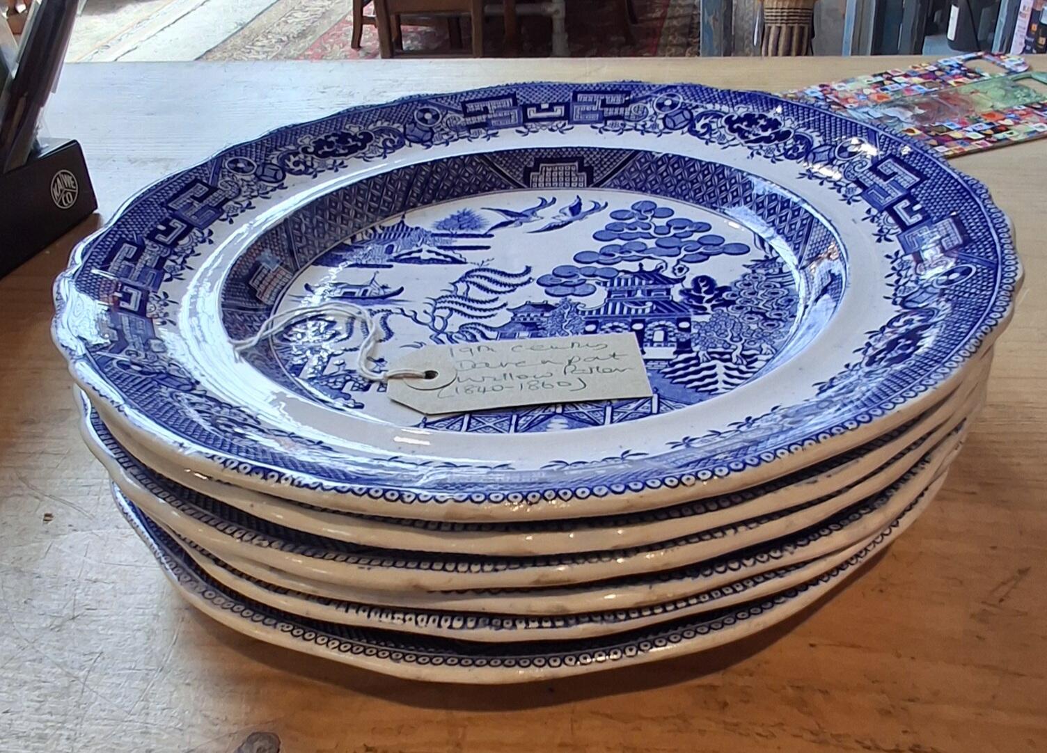 Set of six Antique Davenport Willow Pattern Plates c1840-1860