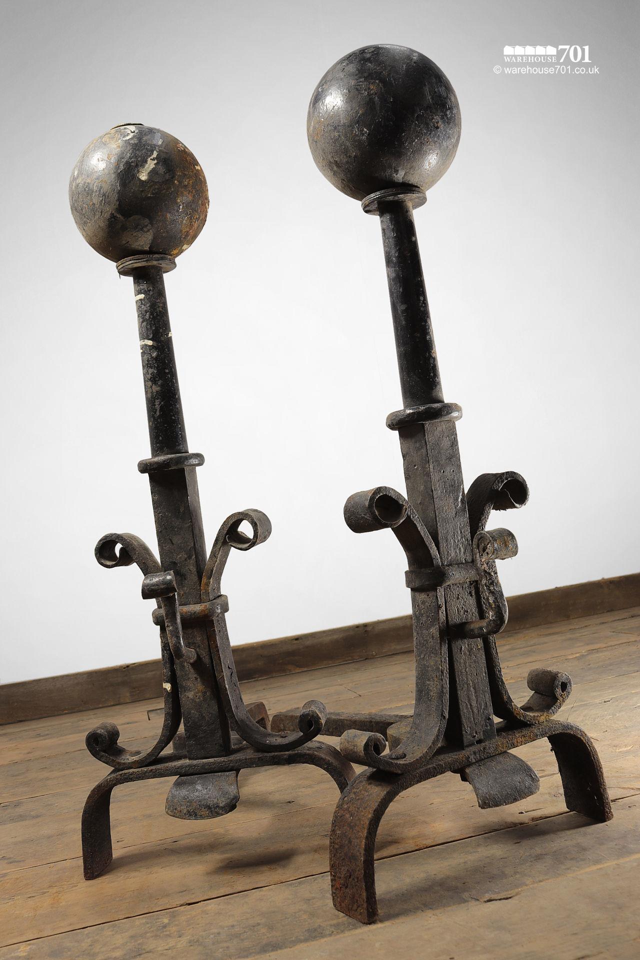 Large Salvaged Pair of Blacksmith Made Andirons / Fire Dogs