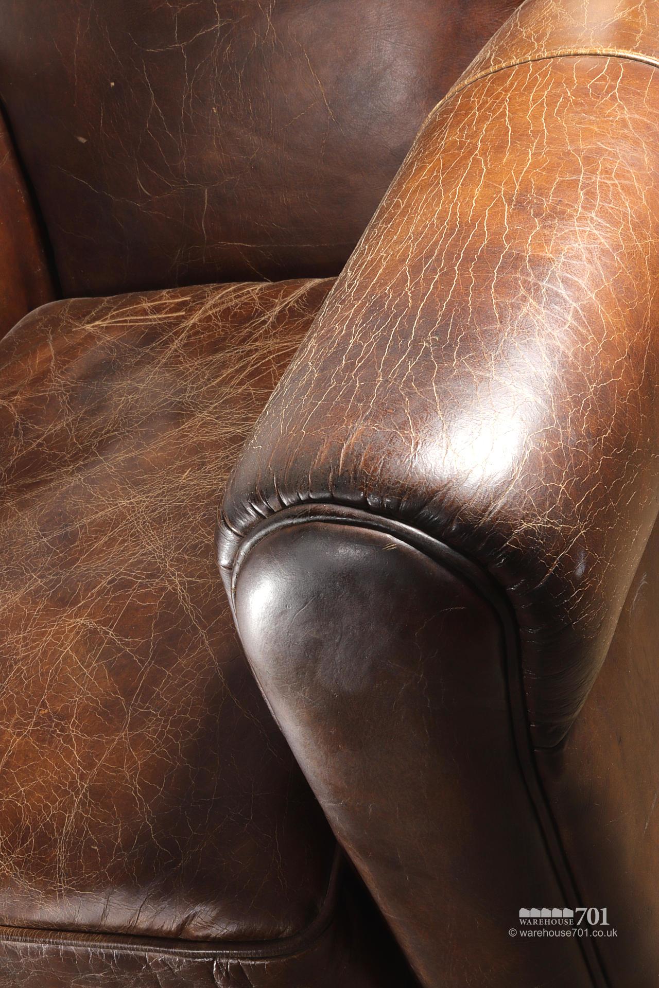 Beautifully Pre-Aged Tan Leather Armchair with Rounded Arms and Back #3