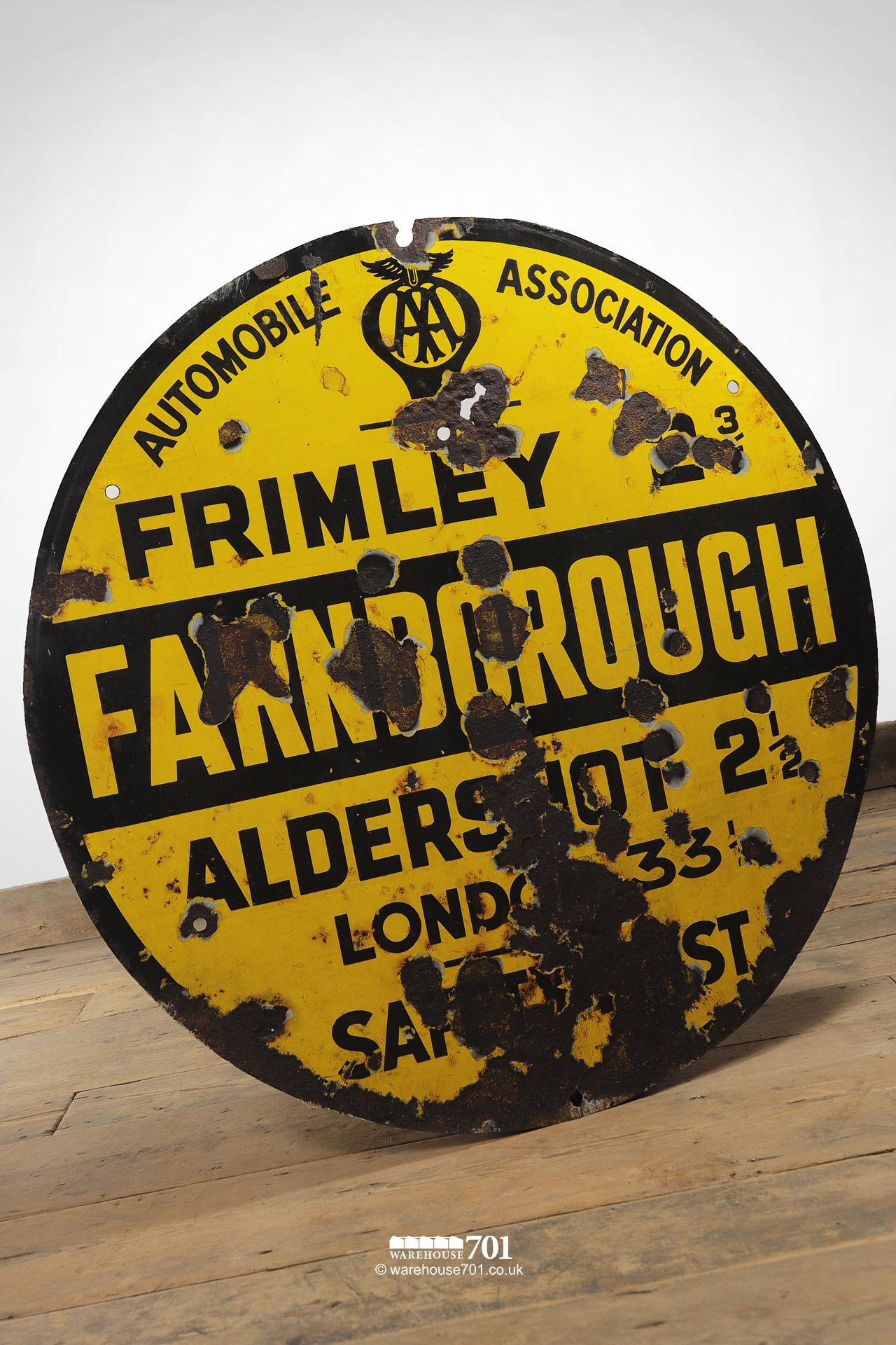 Salvaged Circular Metal Black and Yellow Farnborough AA Road Sign #1