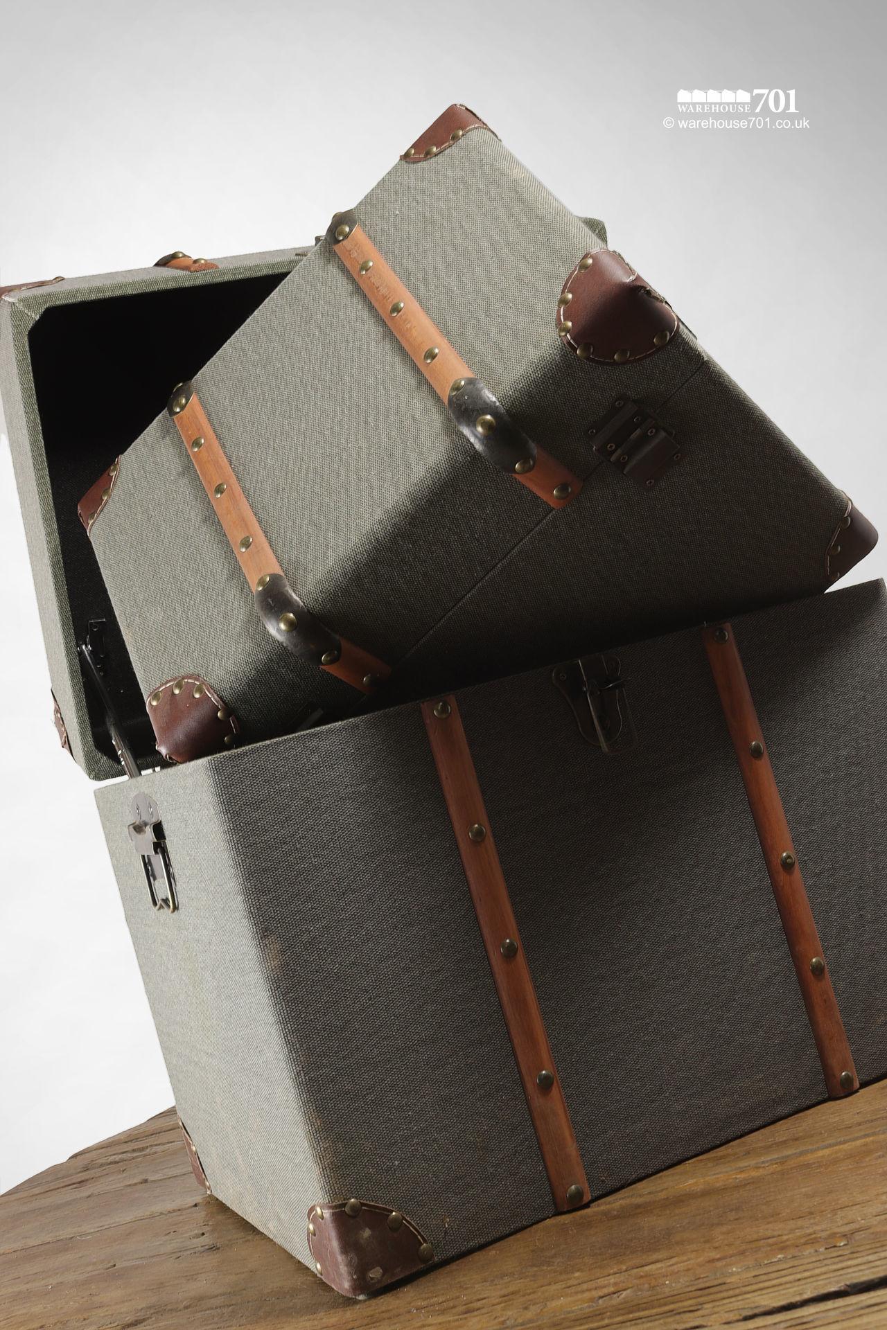 NEW Khaki Fabric Covered Storage Trunks with Leather and Wood Detailing #4