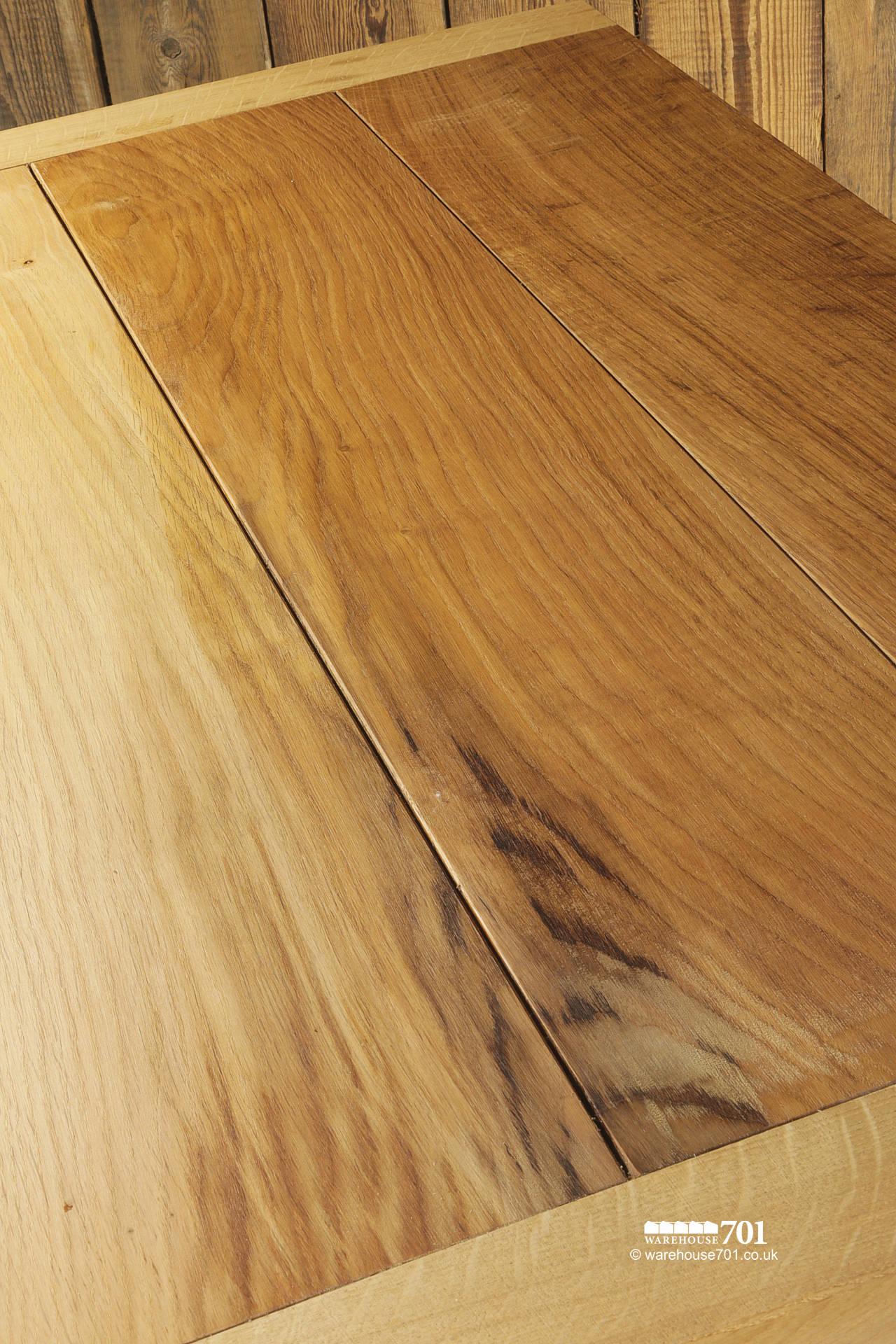 W701 Original Oak Plank Top Table On White Frame Metal Base