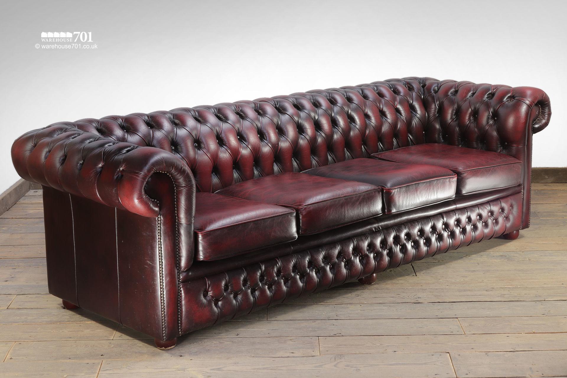 Reclaimed Four Seater Burgundy Leather Chesterfield Sofa #3