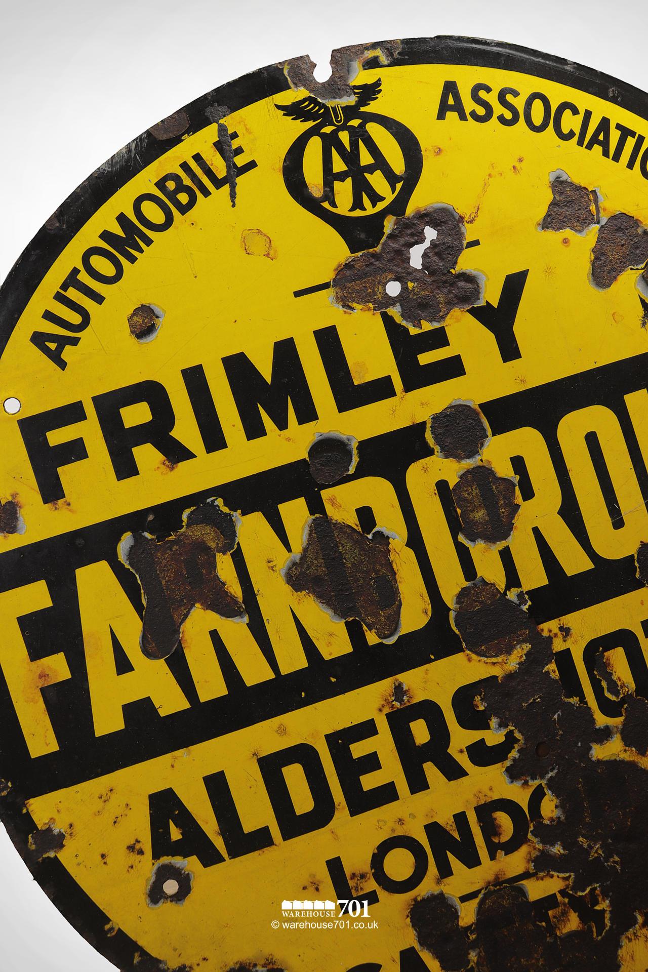 Salvaged Circular Metal Black and Yellow Farnborough AA Road Sign #2