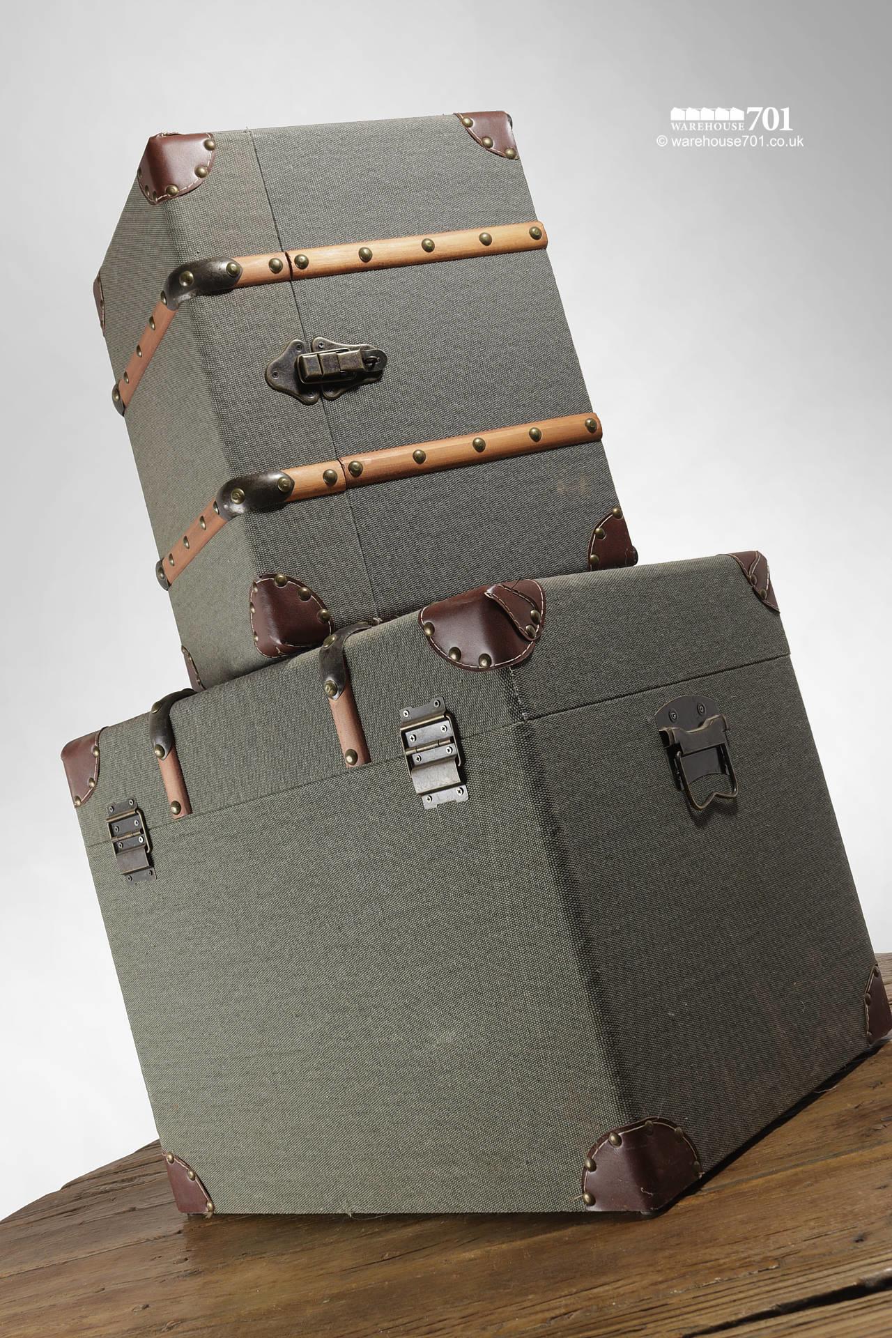 NEW Khaki Fabric Covered Storage Trunks with Leather and Wood Detailing #5