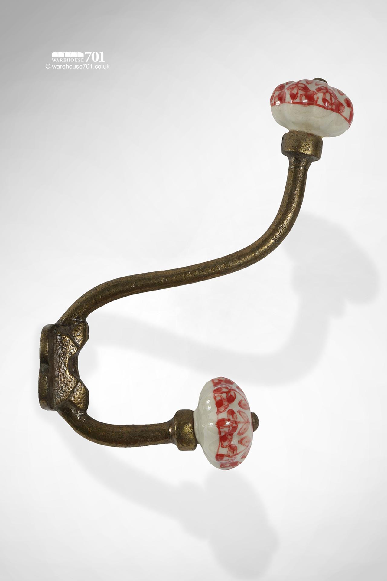 New 'Zena' Brass Swan Neck Double Coat Hook with Ceramic Knobs #2