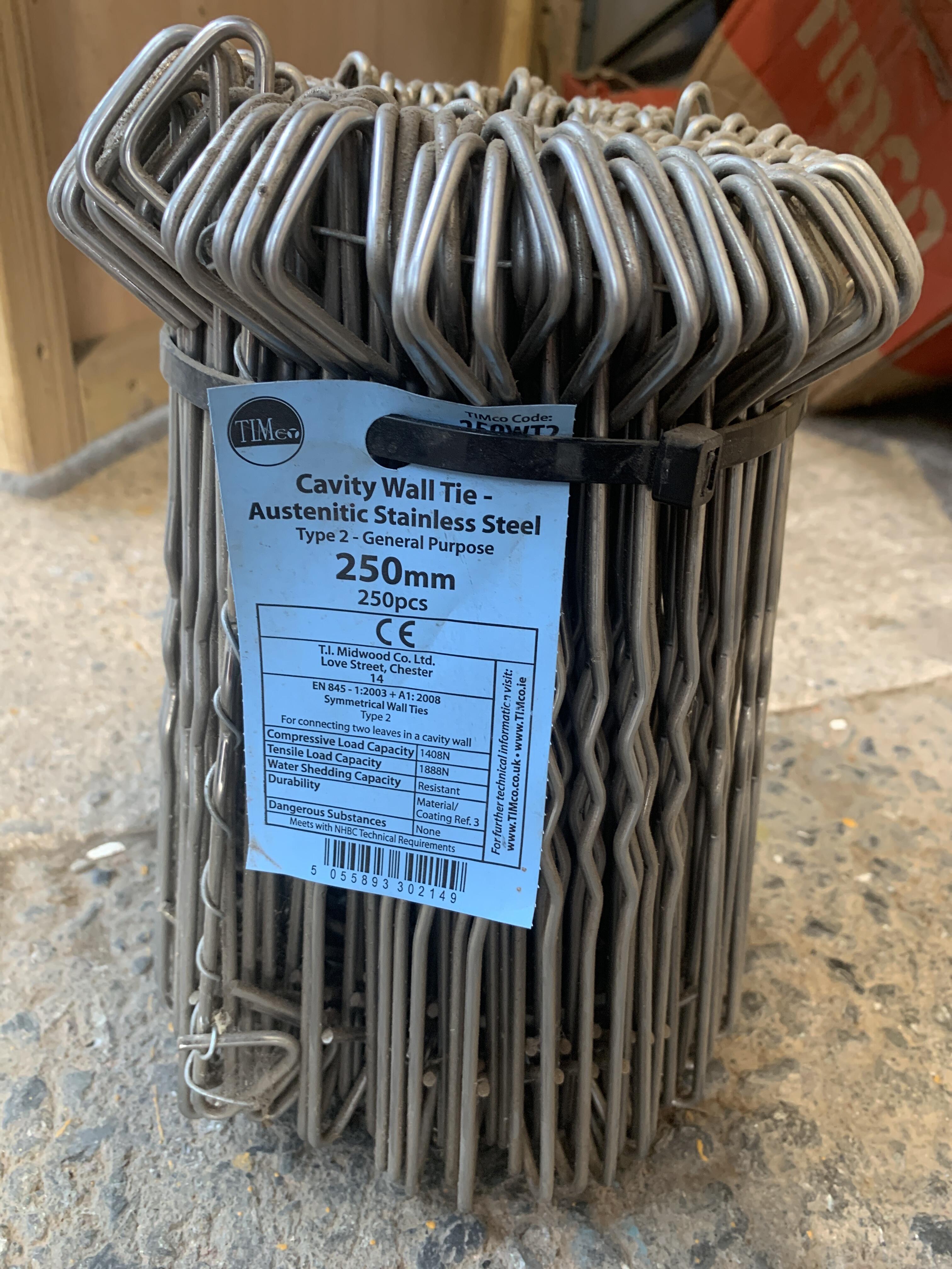 250mm Wall Ties - Type 2 - A2 Stainless Steel - Used