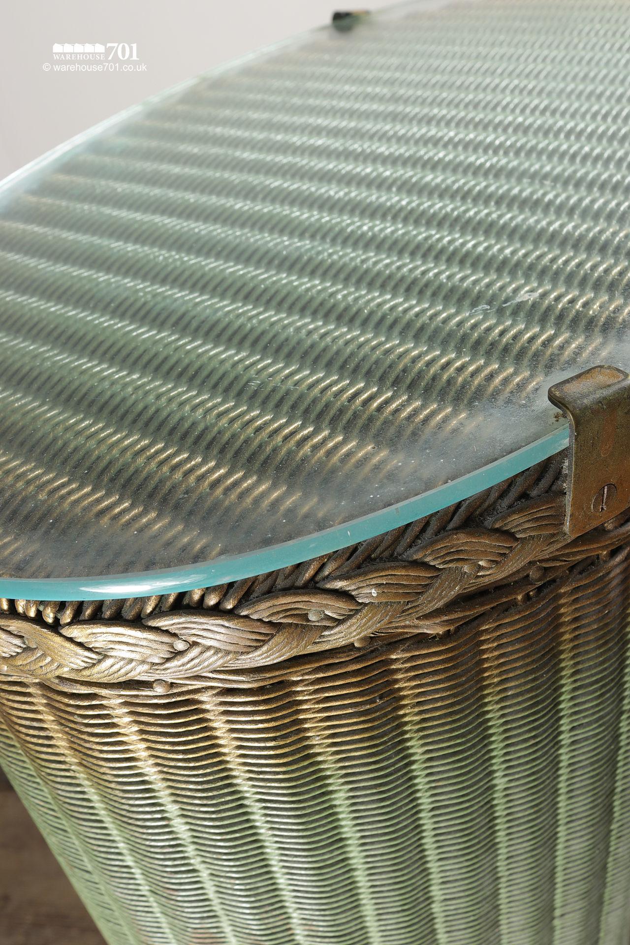 Vintage Elliptical Green Gold Glass Top Laundry Basket #5