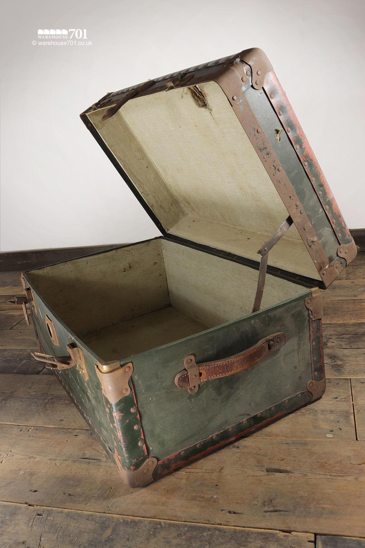 Old Green Metal Strap Traveling Case or Steamer Trunk