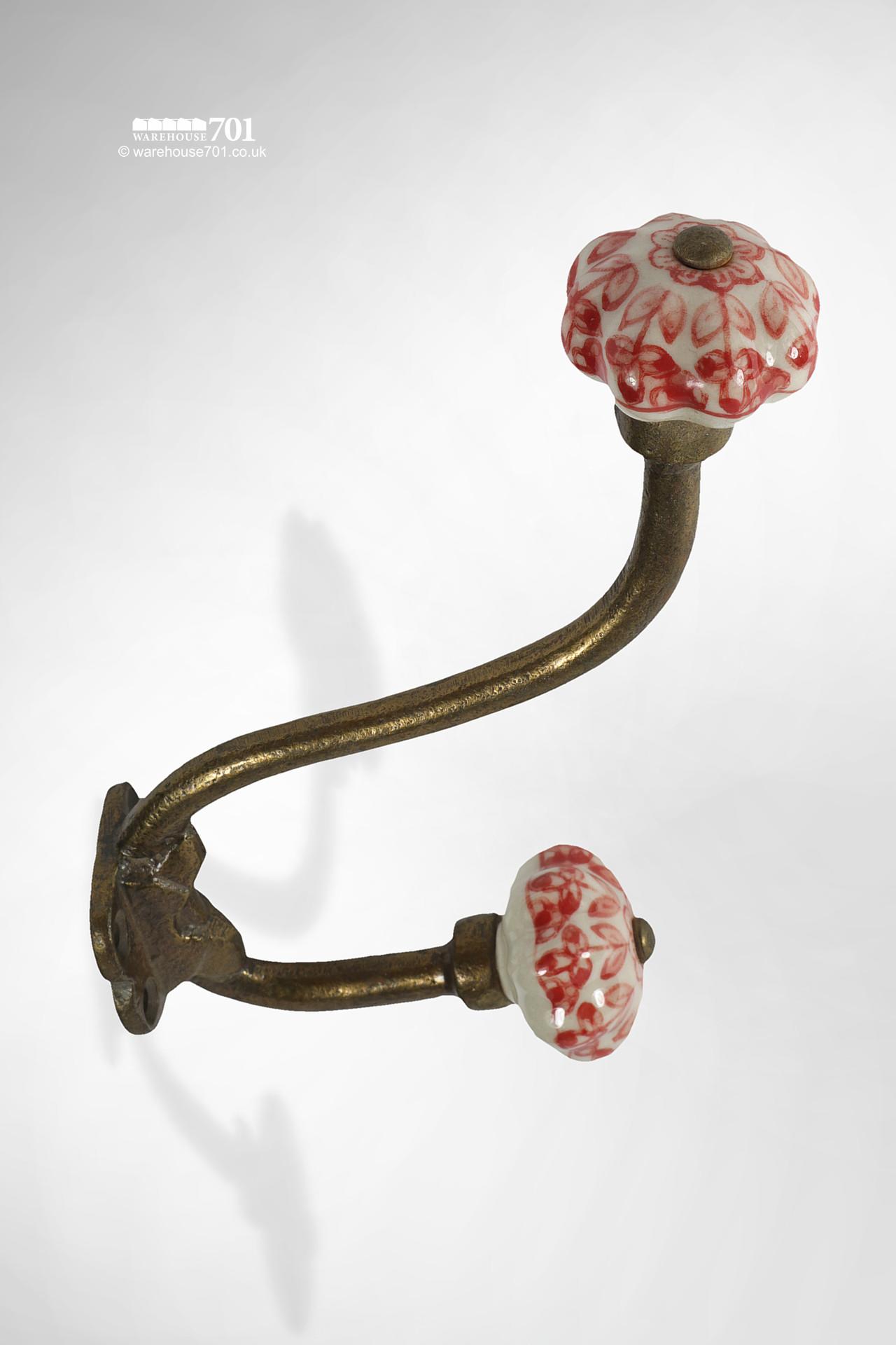 New 'Zena' Brass Swan Neck Double Coat Hook with Ceramic Knobs #3