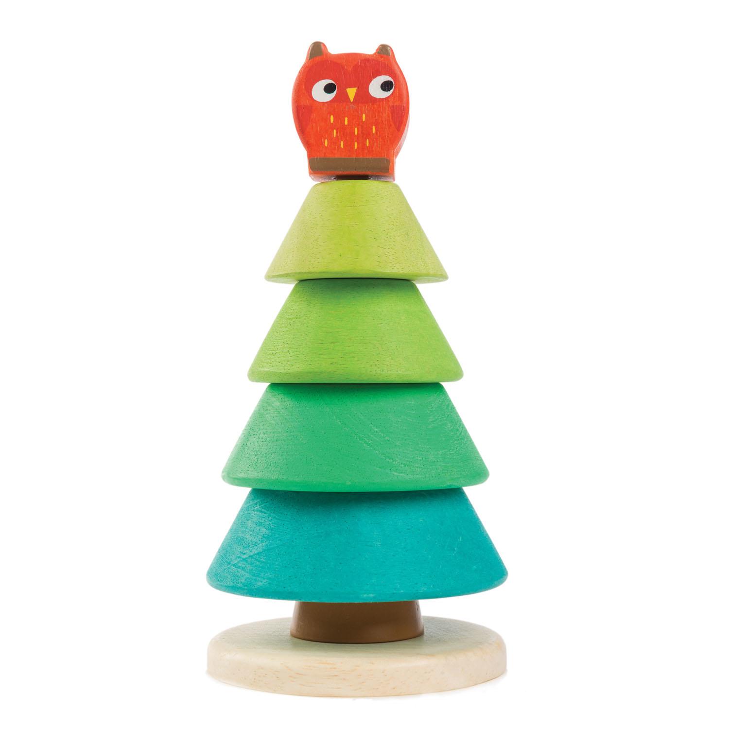 New Wooden Toy Stacking Fir Tree Topped with a Red Owl #2