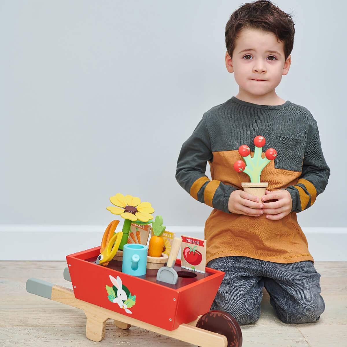 New Wooden Toy Wheelbarrow Set with Removeable Plants, Tools and more #1