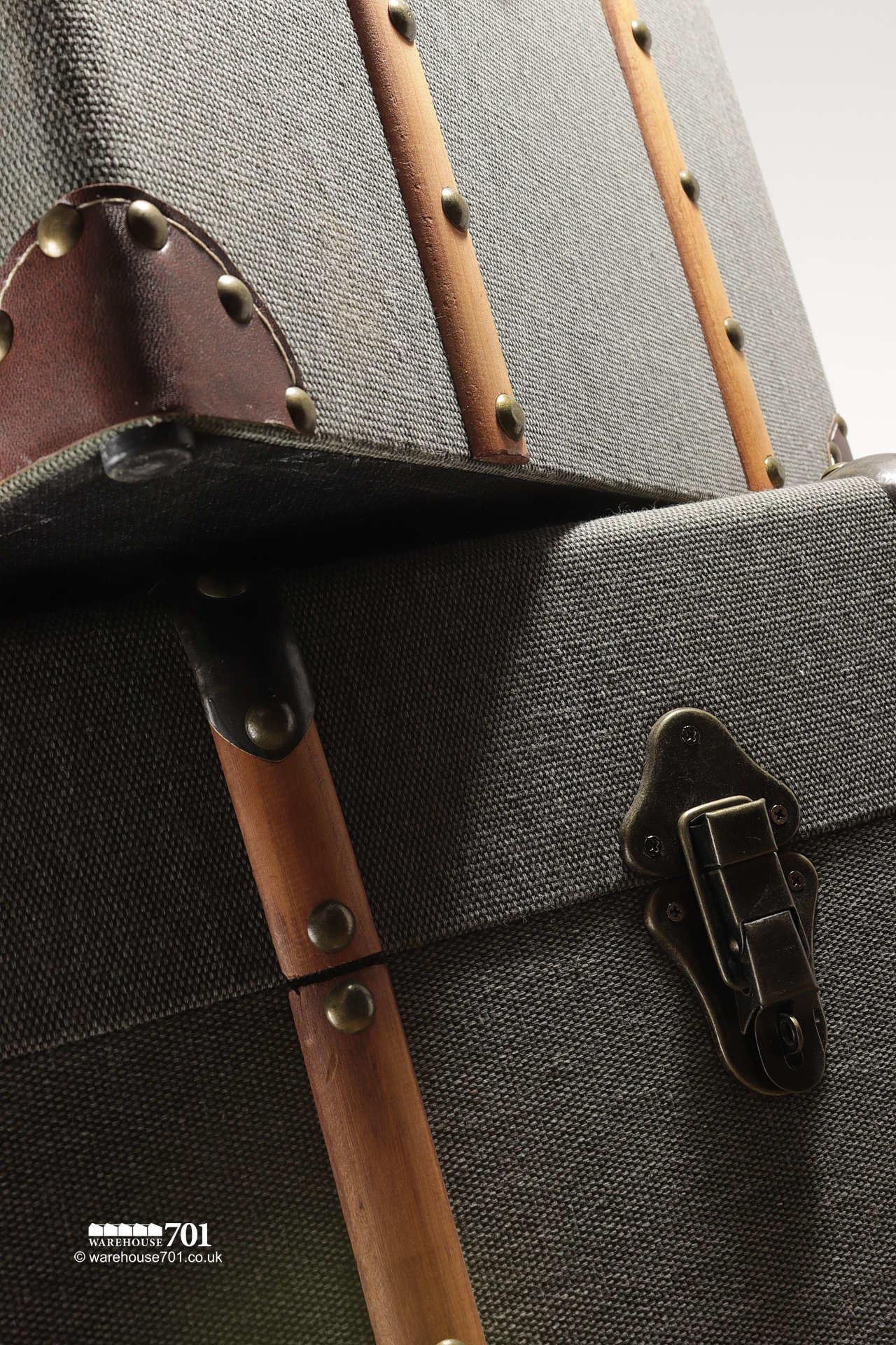 NEW Khaki Fabric Covered Storage Trunks with Leather and Wood Detailing #7
