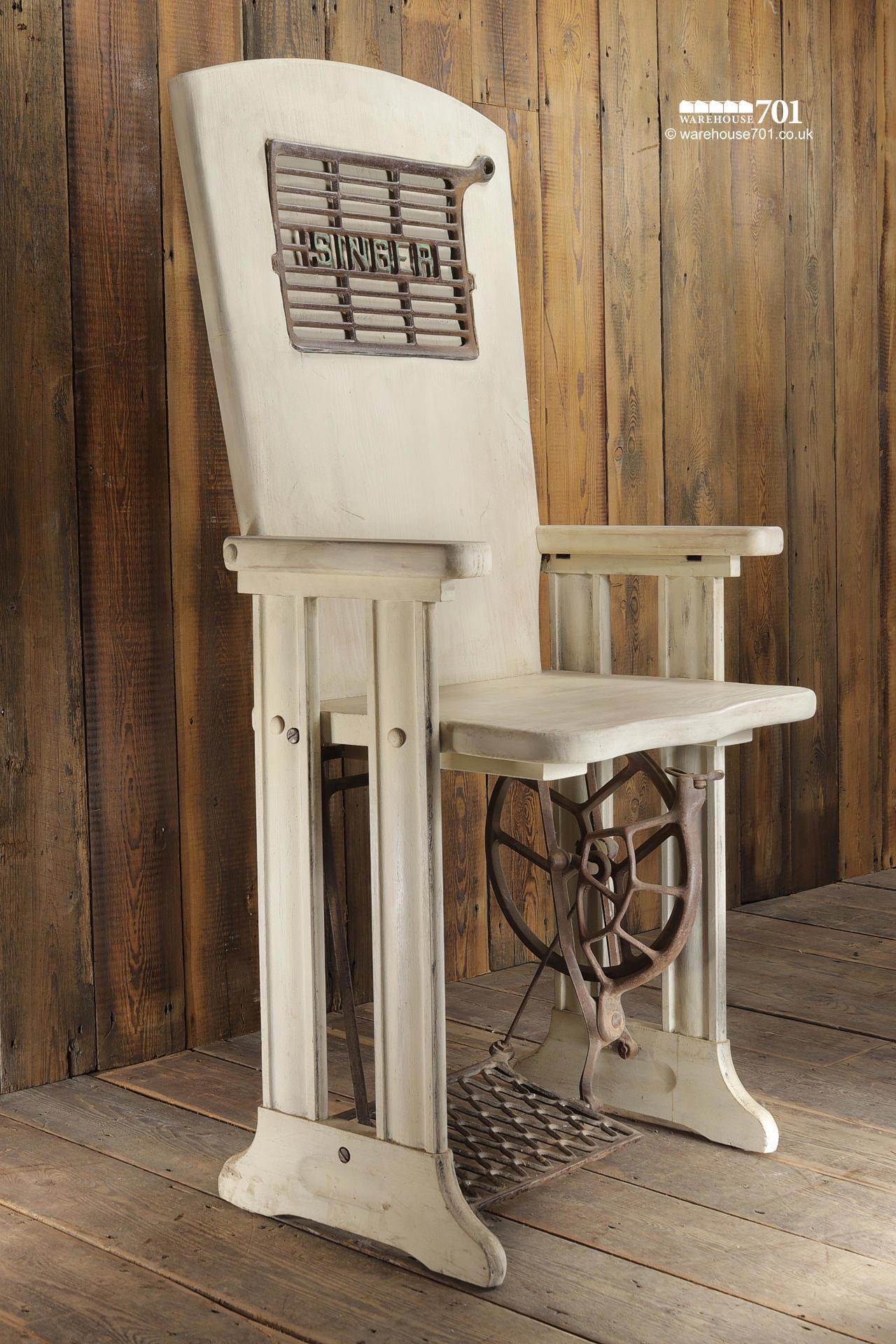 701 Original Cream Painted Singer Sewing Machine Treadle Chair #1