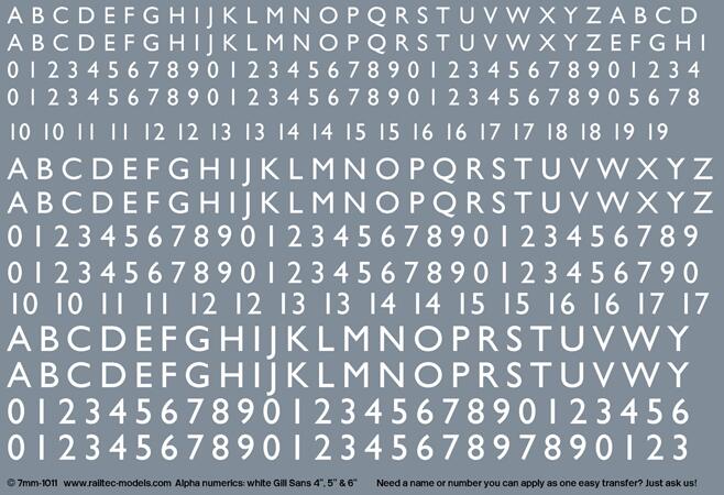 RAILTEC 7-1011 Numeric/alphabet sheet: white Gill Sans scale 4"-6" for O ga