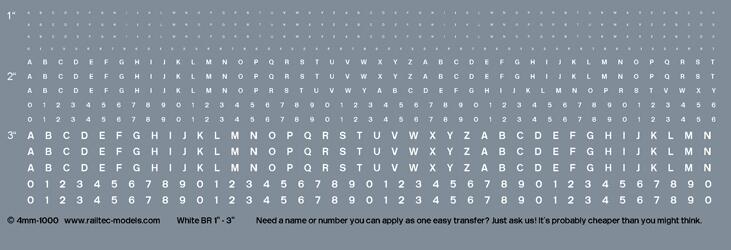 Railtec 4mm-1000 4mm Numeric/alphabet sheet: white BR scale 1" - 3" for OO gauge