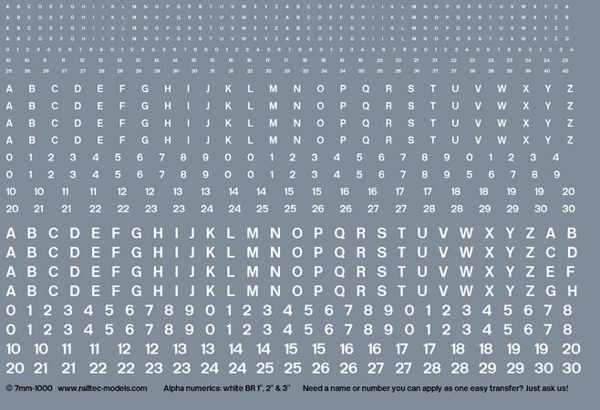 RAILTEC 7-1000 Numeric/alphabet sheet: white BR scale 1" - 3" for O gauge