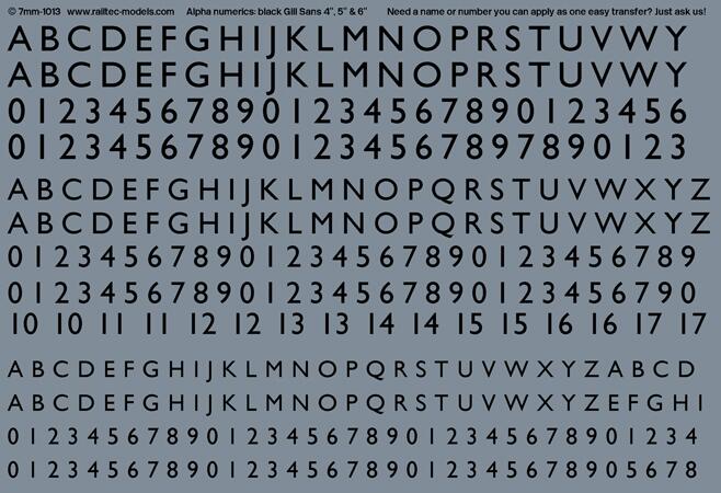 RAILTEC 7-1013 Numeric/alphabet sheet: black Gill Sans scale 4"-6" for O ga