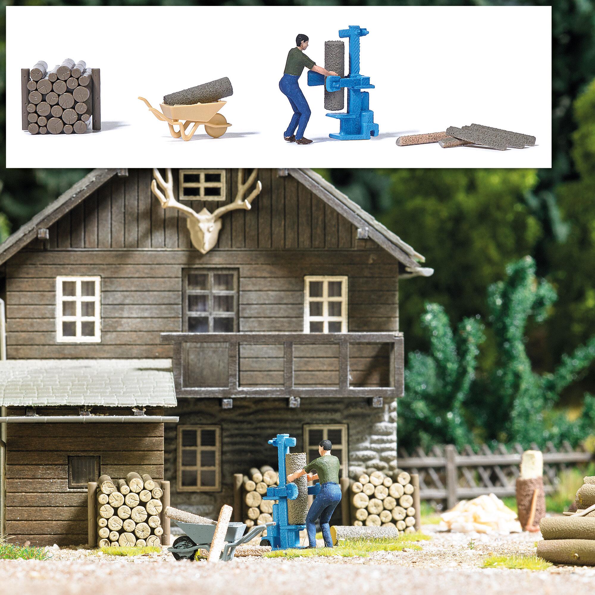 Log splitter with woodsman, logs and log pile. Finished model.