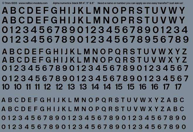 RAILTEC 7-1003 Numeric/alphabet sheet: black BR scale 4" - 6" for O gauge