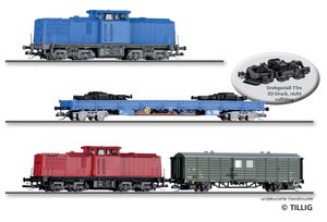 TILLIG 01080 Freight car set “HSB-Loküberführung”of the Eisenbahn-Bau- und
Betriebsgesellschaft Pressnitztalbahn mbH (PRESS)