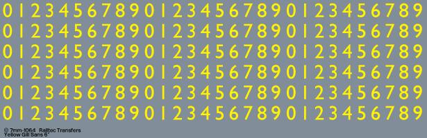 RAILTEC 7-1064 Yellow Gill Sans scale 6" numbers for O gauge