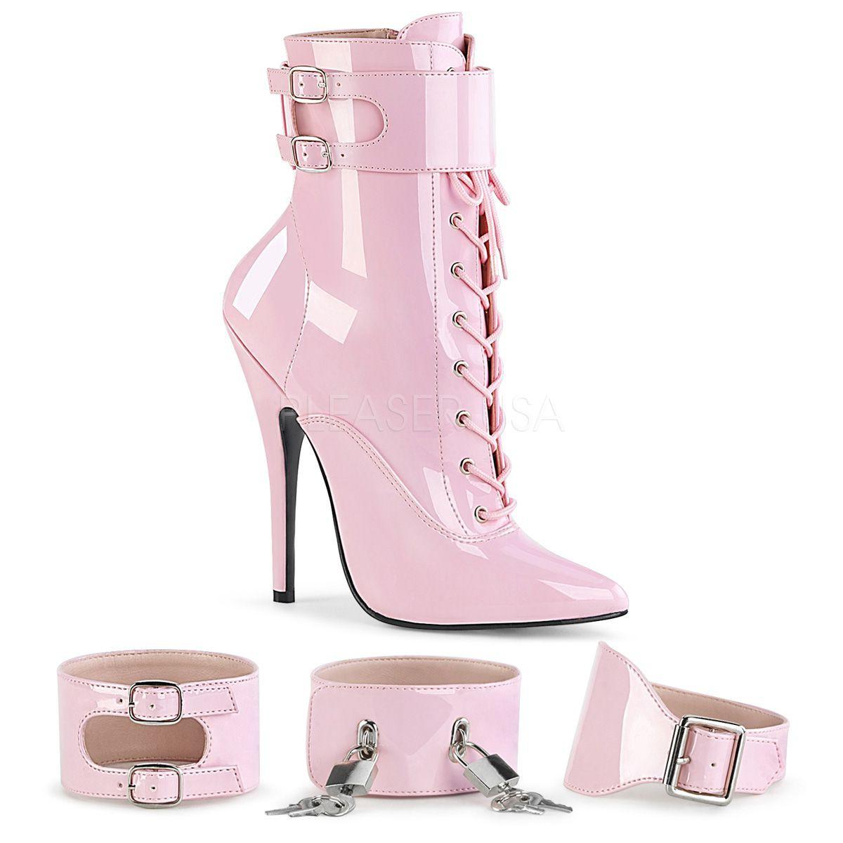 Baby Pink Lace Up Black Patent Ankle Boots